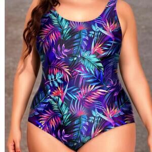 HOLIPICK 1 Piece Plus Size Swimsuit 18W Blue Floral Tummy Control Cross Back NWT